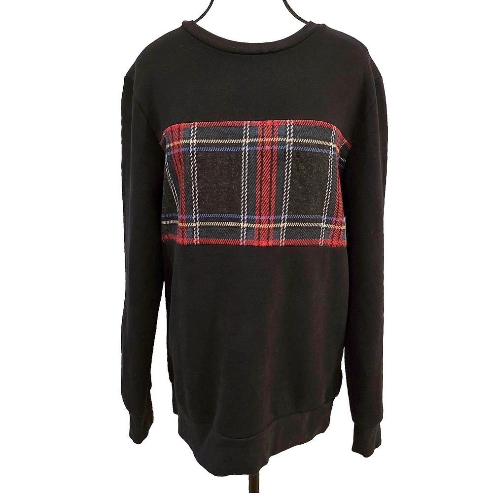 Pull&Bear Black Knit Sweatshirt with Tartan Plaid Chest Panel Size S - Pit 21" L